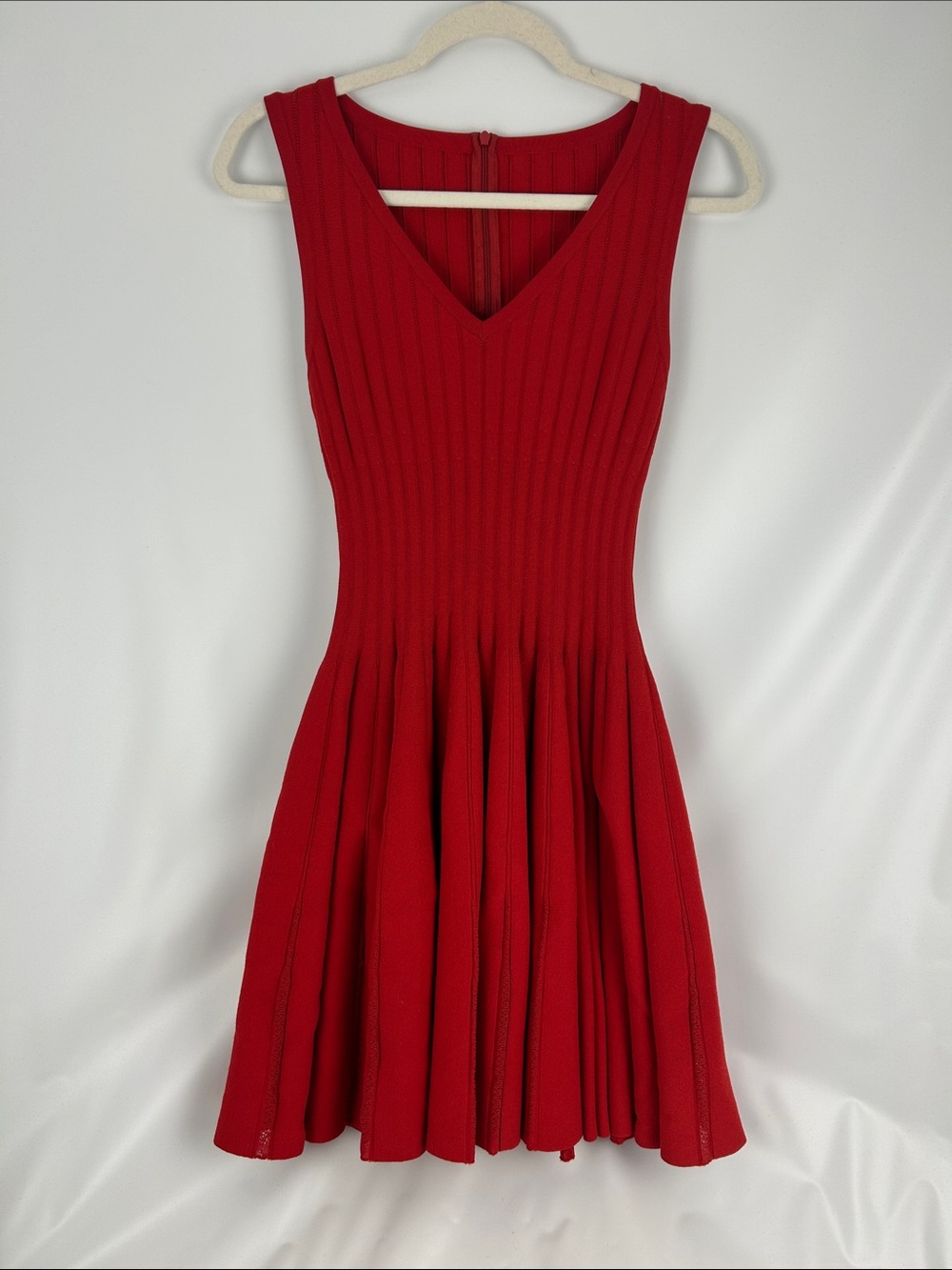 Alaïa Red Ribbed V-Neck Fit-and-Flare Mini Dress